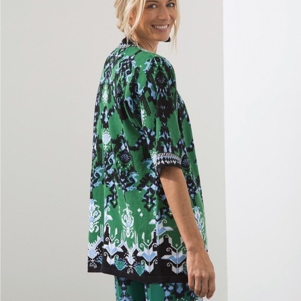 Chico's Open Front Linen Blend Cardigan Tribal Bohemian Print Green Black, Large - Picture 2 of 10